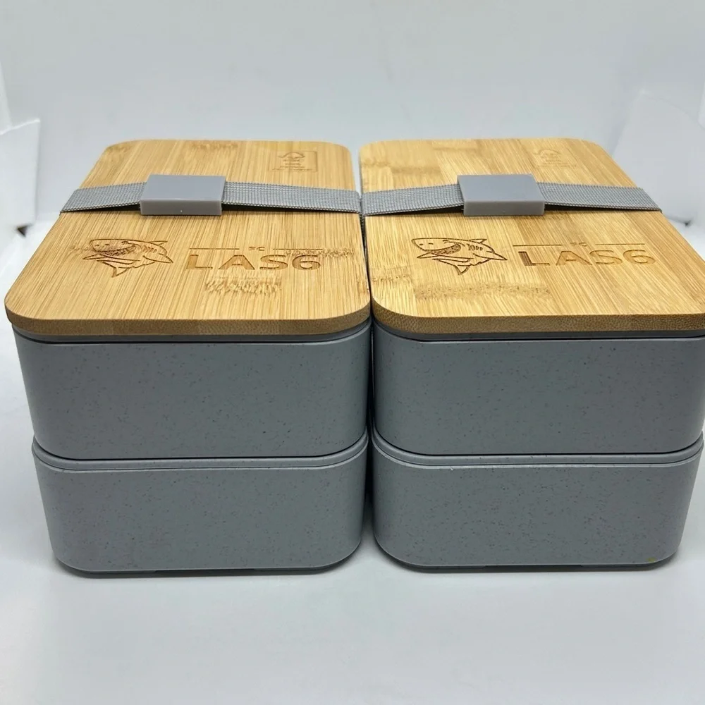 Bamboo and Gray Bento Japanese Wood Bento Lunch Boxes 2 Layer. Set of two